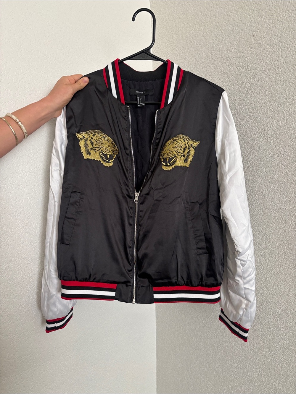 Forever 21 Black and White Varsity Jacket with Gold Tiger Embroidery